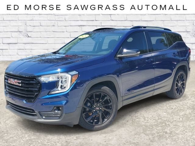 2023 GMC Terrain SLT in Marine Metallic — front three-quarter view